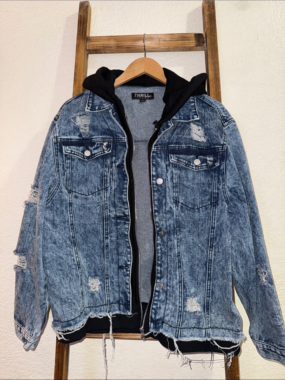 Thrill Jeans Light Blue Distressed Denim Jacket with Black Hooded Liner